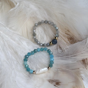 Pierścionki labradoryt, szafir, apatyt, perła