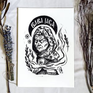 Baba Jaga – linoryt ręcznie odbijany, słowiańska grafika, folk art