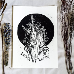 Linoryt „Leszy” – słowiański duch lasu, ręcznie odbijana grafika, folk art