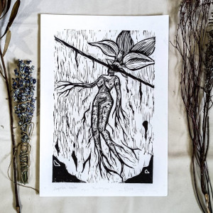 Linoryt „Mandragora” – ręcznie wykonana grafika rośliny magicznej