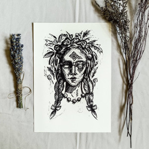 Linoryt „Mokosz –ręcznie wykonana grafika słowiańskiej bogini opieki
