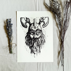 Linoryt „Perun” –ręcznie wykonana grafika słowiańskiego boga piorunów