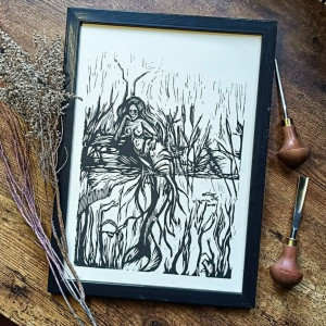 Linoryt „Syrena” – ręcznie wykonana grafika mitycznej istoty wodnej