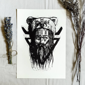 Linoryt „Weles” – ręcznie wykonana grafika słowiańskiego boga Magii