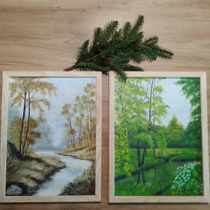 ZESTAW RĘCZNIE MALOWANYCH OBRAZÓW Z RAMAMI - DYPTYK MAGICZNA WIOSNA-JESIEŃ, POLSKI PEJZAŻ 2x 30x40cm