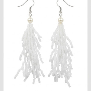 Długie Kolczyki Boho z Białych Koralików - Ślubne Kolczyki Chwosty z Perłą