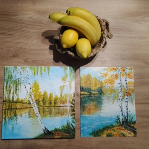 ZESTAW RĘCZNIE MALOWANYCH OBRAZÓW - BRZOZOWY DYPTYK SŁONECZNA JESIEŃ - 1x 30x30cm + 1x 30x24cm