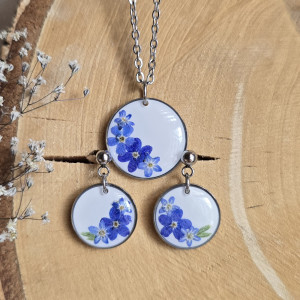 Komplet kolczyki srebrna zawieszka srebrny wisiorek wisior naszyjnik żywica kwiaty z prawdziwymi kwiatami niezapominajki