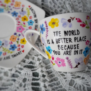 Ręcznie malowany zestaw filiżanka ze spodkiem ŁĄKA napisy