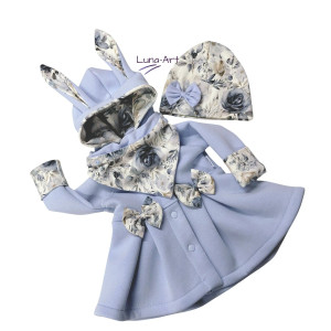 Komplet płaszczyk z uszami oraz czapka i chustka 128/134