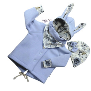 Komplet bluza z uszami oraz czapka i chustka 116/122