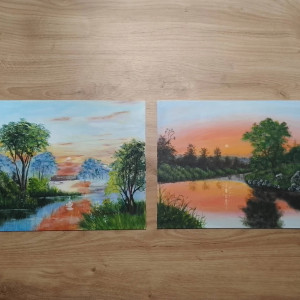 WYPRZEDAŻ KOLEKCJI - ZESTAW RĘCZNIE MALOWANYCH OBRAZÓW - ROMANTYCZNE WSCHODY I ZACHODY - 2x 24x30cm