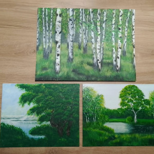 WYPRZEDAŻ KOLEKCJI - ZESTAW RĘCZNIE MALOWANYCH OBRAZÓW - ZIELONE PEJZAŻE - 2x 24x30cm + 1x 30x40cm