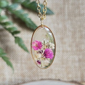 Złota zawieszka złoty wisiorek naszyjnik żywica z żywicy kwiaty z kwiatami jajowata retro naturalna delikatna dziewczęca kobieca kolorowa różowa