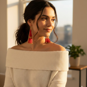 Kolczyki BOHO Ręcznie Robione Kolczyki Boho - Czerwone Kaskady z Koralików (7 cm)