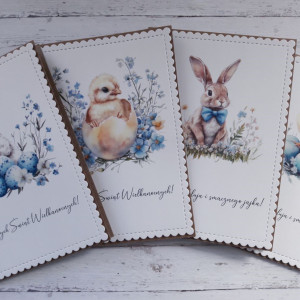 Zestaw 4 kartek wielkanocnych z życzeniami „Kurczaczki i zające”