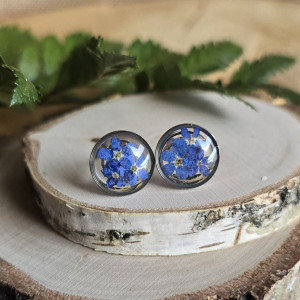 Srebrne kolczyki z niezapominajkami kwiatami małe wkręty sztyfty z żywicy żywica epoksydowa z suszonymi prawdziwymi kwiatami niezapominajki