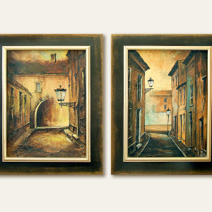 Dyptyk, dwa obrazy olejne w drewnianych ramach - Miejskie Zaułki