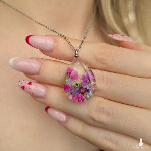 Naszyjnik z kwiatami w żywicy, kolorowy naszyjnik łezka