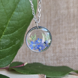 Niezapominajki srebrna zawieszka wisiorek naszyjnik żywica z żywicy kwiaty z kwiatami retro naturalna dziewczęca kobieca niezapominajkami