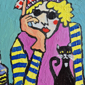 obraz ręcznie malowany portret kocie wczasy relaks na stole