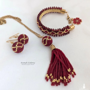 Bordowo-złoty komplet z chwostem - wykończenia ze stali chirurgicznej