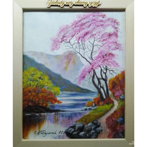 RĘCZNIE MALOWANY OBRAZ Z RAMĄ I INSPIRUJĄCYM MOTTEM MOTYWACYJNYM - POLSKI PEJZAŻ "TANIEC Z BARW" 30x24cm