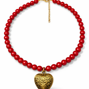 Naszyjnik z Czerwonych Korali z Grawerowanym Sercem w Kolorze Starego Złota - Styl Etno/Boho