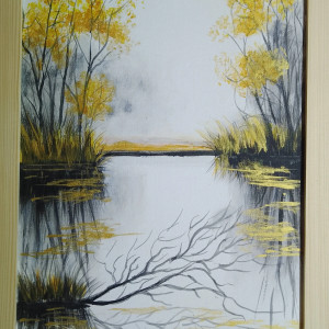 POMYSŁ NA SPERSONALIZOWANY PREZENT- RĘCZNIE MALOWANY OBRAZ Z RAMĄ I CYTATEM- POLSKI PEJZAŻ ZE ZŁOTYMI REFLEKSAMI