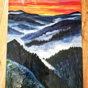 Obraz akrylowy „Zachód słońca nad Gorcami” – ręcznie malowany, duży obraz na ścianę 55×75 cm