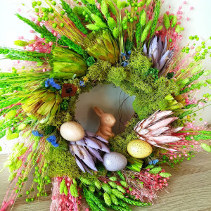Wianek wielkanocny na drzwi / ścianę – dekoracja wiosenna z zajączkiem | naturalne suszone rośliny | 35 cm | handmade