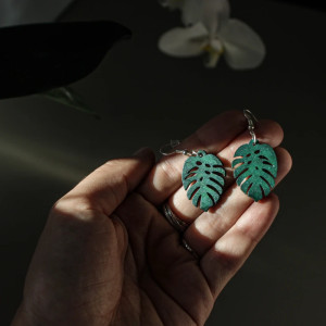 Ażurowe Zielone Koronka drewniane kolczyki Liść Monstera