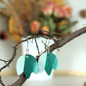 Ażurowe Zielone Koronka drewniane kolczyki Liść Kwiat