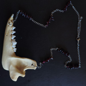 Naszyjnik z granatem oraz żuchwa jenota
