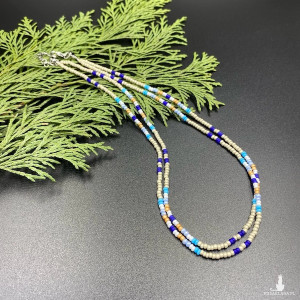 Krótki podwójny koralikowy naszyjnik beżowy, niebieski #1112