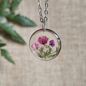 Srebrna zawieszka srebrny wisiorek naszyjnik żywica z żywicy kwiaty z kwiatami pudrowy róż