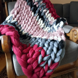 Kolorowy koc narzuta z wełny czesankowej 100% merynos