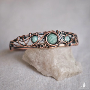 Bransoletka miedziana elficka wire wrapping z amazonitami