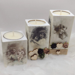 Komplet 3 drewnianych świeczników, vintage.