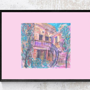 retro plakat 30x40, pastelowy obrazek do domu, vintage obrazek, budynki plakat A3, podróże rysunek do domu