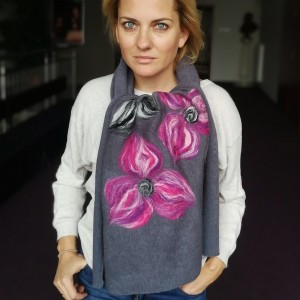 szary szal damski zimowy z wełną merynosów handmade