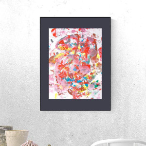 nowoczesna grafika 30x40, abstrakcja malowana ręcznie, kolorowa dekoracja na ścianę, energetyczny obraz A3, styl memphis obraz, abstrakcyjny rysunek do loftu, obraz ciepłe kolory