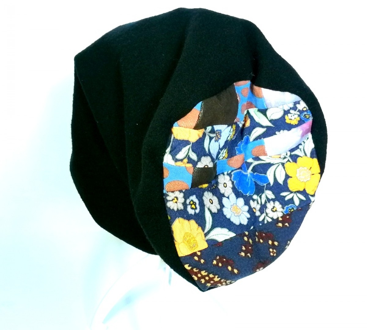 czapka czarna dzianina patchwork zimowa handmade