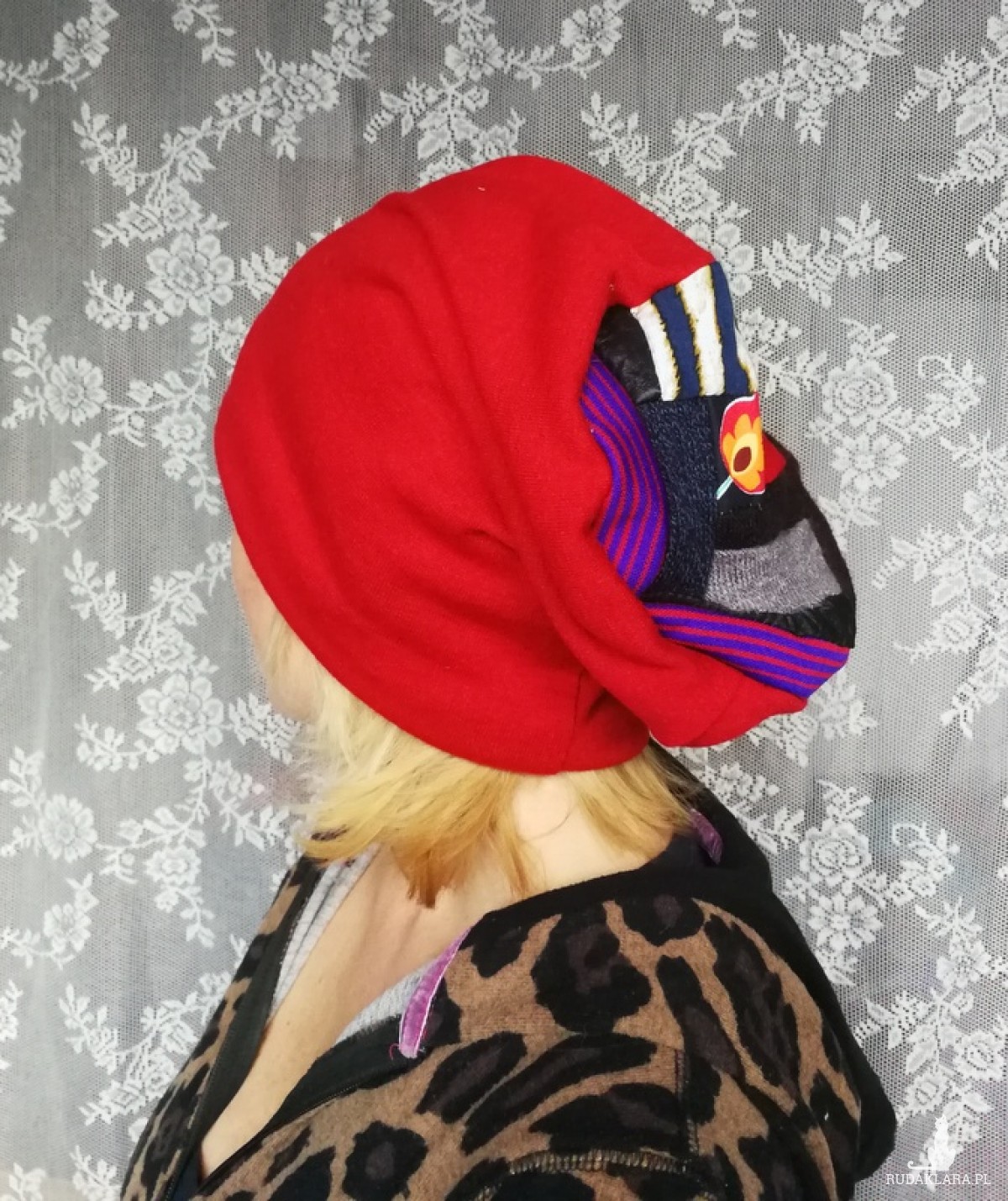 czapka damska czerwona dzianina swetrowa patchwork ciepła