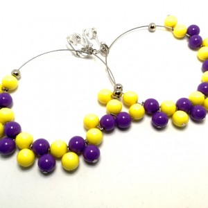klipsy żółto -fioletowe koła lekkie koralikowe