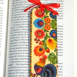 Zakładka folkowa, Łowicki kogutek i folkowe kwiaty, ludowa wycinanka