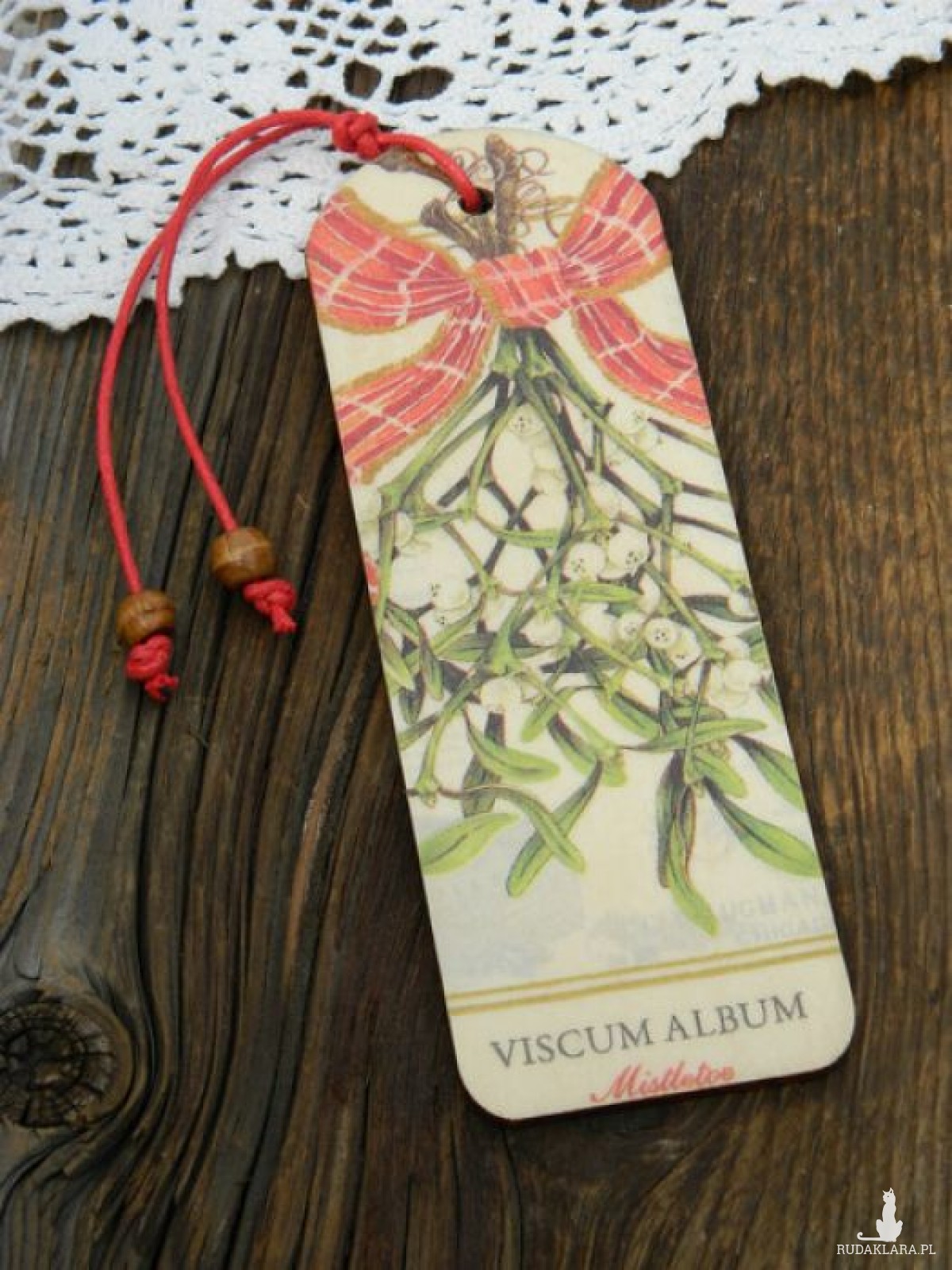 Zakładka drewniana - jemioła i kokarda w czerwoną kratę, drobny prezent świąteczny