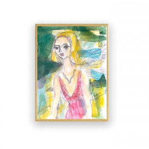 oprawiona akwarela z dziewczyną, malowany ręcznie obraz z kobietą, kolorowa grafika do salonu, kobieta obraz na ścianę,  prezent na ślub, ślub prezent, kobieta prezent, prezent na 18, rysunek