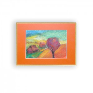 oprawiony pejzaż jesienny, mały obrazek do pokoju, kolorowy rysunek na scianę, pejzaż w ciepłych kolorach, mały obraz do salonu