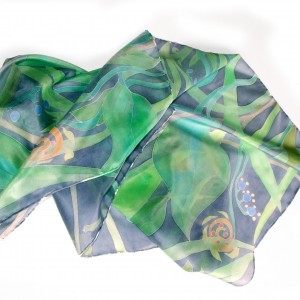 Roślinna zielono-granatowa, chusta jedwabna ręcznie malowana